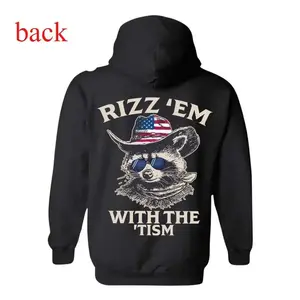 Patriotic “Rizz ‘Em” hoodie — cool raccoon wearing sunglasses and a cowboy hat; funny statement sweatshirt; unisex casual wear for fans of humor and bold style