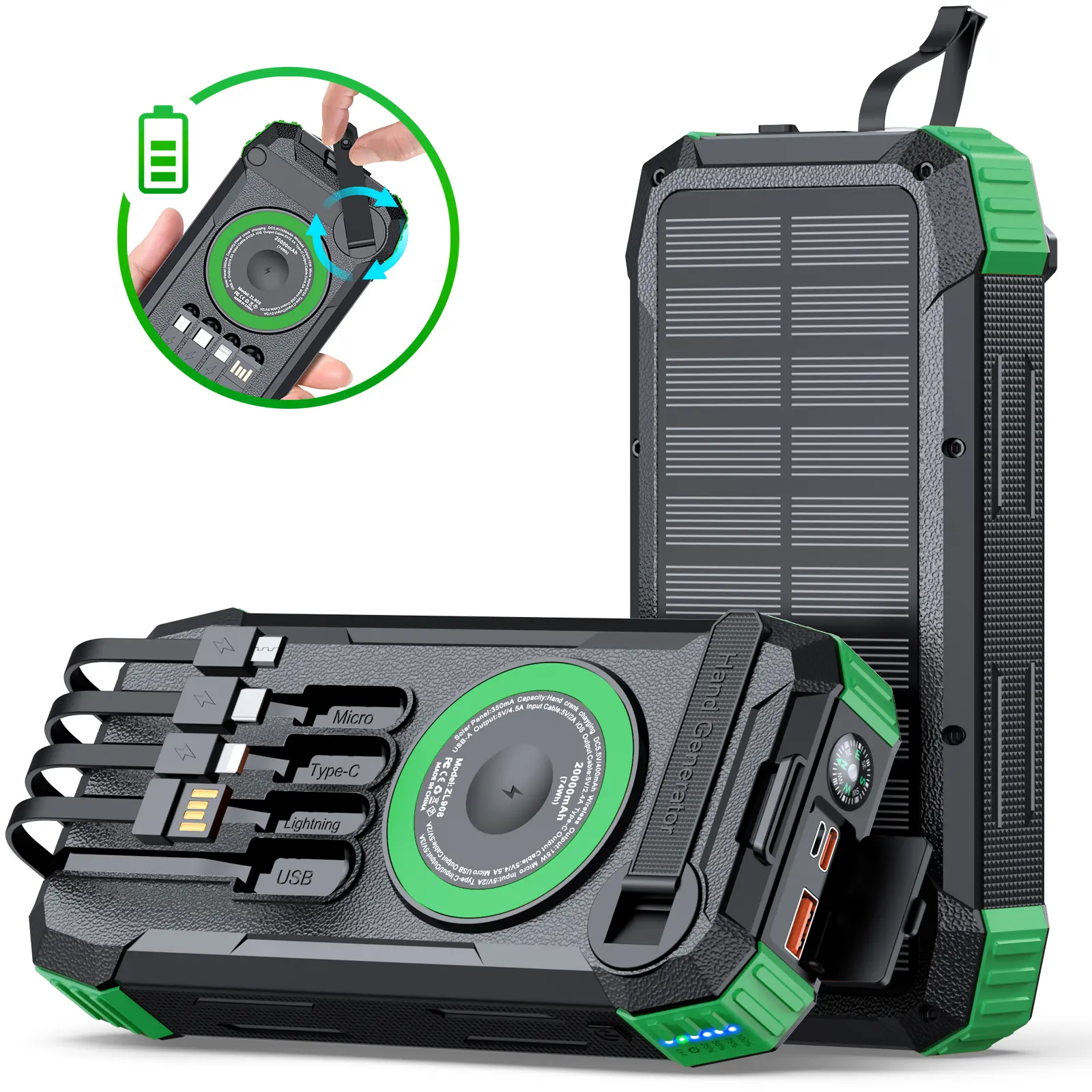 Solar Power Bank 20000mAh Built-in Cables, Wireless Charger for Phones & Apple Watch, 20W Fast Charging Battery Pack with USB C, Flashlight, Solar Charger for iPhone, iPad, iWatch, Samsung