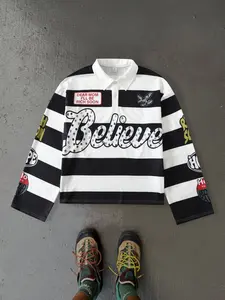Vintage Striped Polo Long Sleeve T-Shirt, Water Drill Believe Letter Print, Eagle Patch, Oversized Unisex Streetwear, Menswear