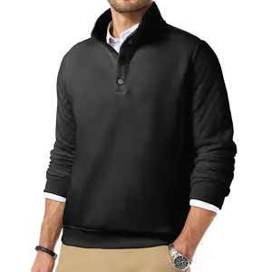 Men's Thermal Fleece Quarter Pullover Quilted Snap Sweater Casual Long Sleeve Stand Collar Button Sweatshirt