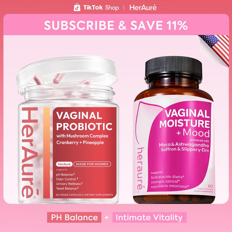 HerAuré Feminine Wellness Moist Edible Dietary Bundle - pH Balance, Odor Control, Stress Relief - 7B CFU Lactobacillus Acidophilus Probiotics, 7-in-1 Mushrooms, Prebiotic, Ashwagandha, Saffron, Maca, Slippery Elm, Sea Moss #sohochic