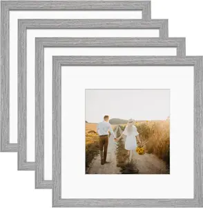 Grey Solid Wood 12x12 Picture Frames for 8x8 & 12x12, Wall Display Photo Frames - 4 Pack