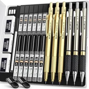 Gold Art Mechanical Pencil Set, Metal Drafting Pencil 0.5, 0.7, 0.9mm & 2mm Lead Holder(2B HB 2H) For Sketching Drawing With Lead Refills Case ticonderoga  pencil