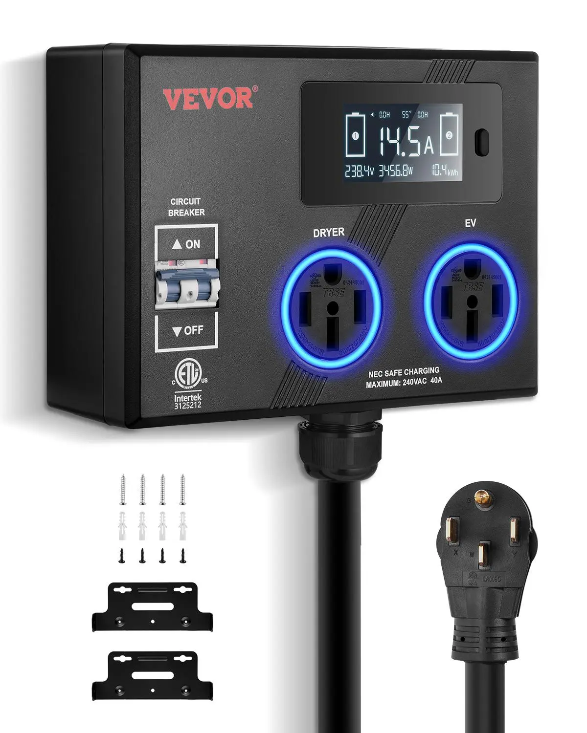VEVOR NEMA 14-50 Multi Plug Power Socket Splitter Expander for Dryers/EVs, 240V Smart Power Distributor, 3-Color LED Indicator, 3.4 in LCD Screen, 40A Max Load, ETL-Tested, 1 Plug & 2 Outlets