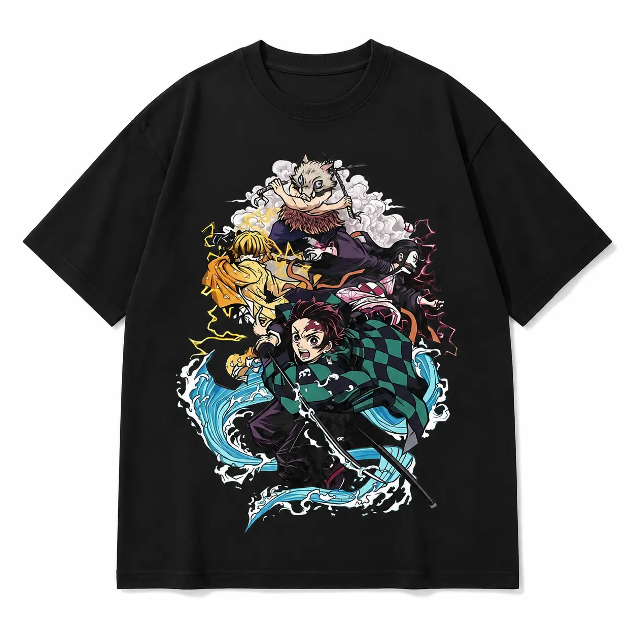 EWH Vintage Washed Denim Cotton T-Shirt Summer Short-Sleeve Anime Demon Killer Kimetsu No Yaiba T-Shirt Street Harajuku Style