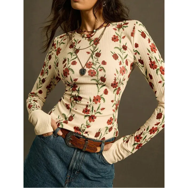 2025 Autumn/Winter New Apricot Elastic Ribbed Print Knit T-Shirt, Vintage Button Cinched Waist Long Sleeve T-Shirt, Soft And Skin-Friendly Fabric For Outdoor Autumn/Winter