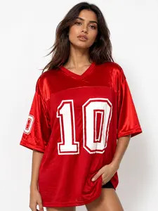 American Vintage Digital Jersey T-Shirt, Loose Oversize Drop Shoulder Short Sleeve, Street Style Sport Top, V-Neck, Women's Basketball Tee