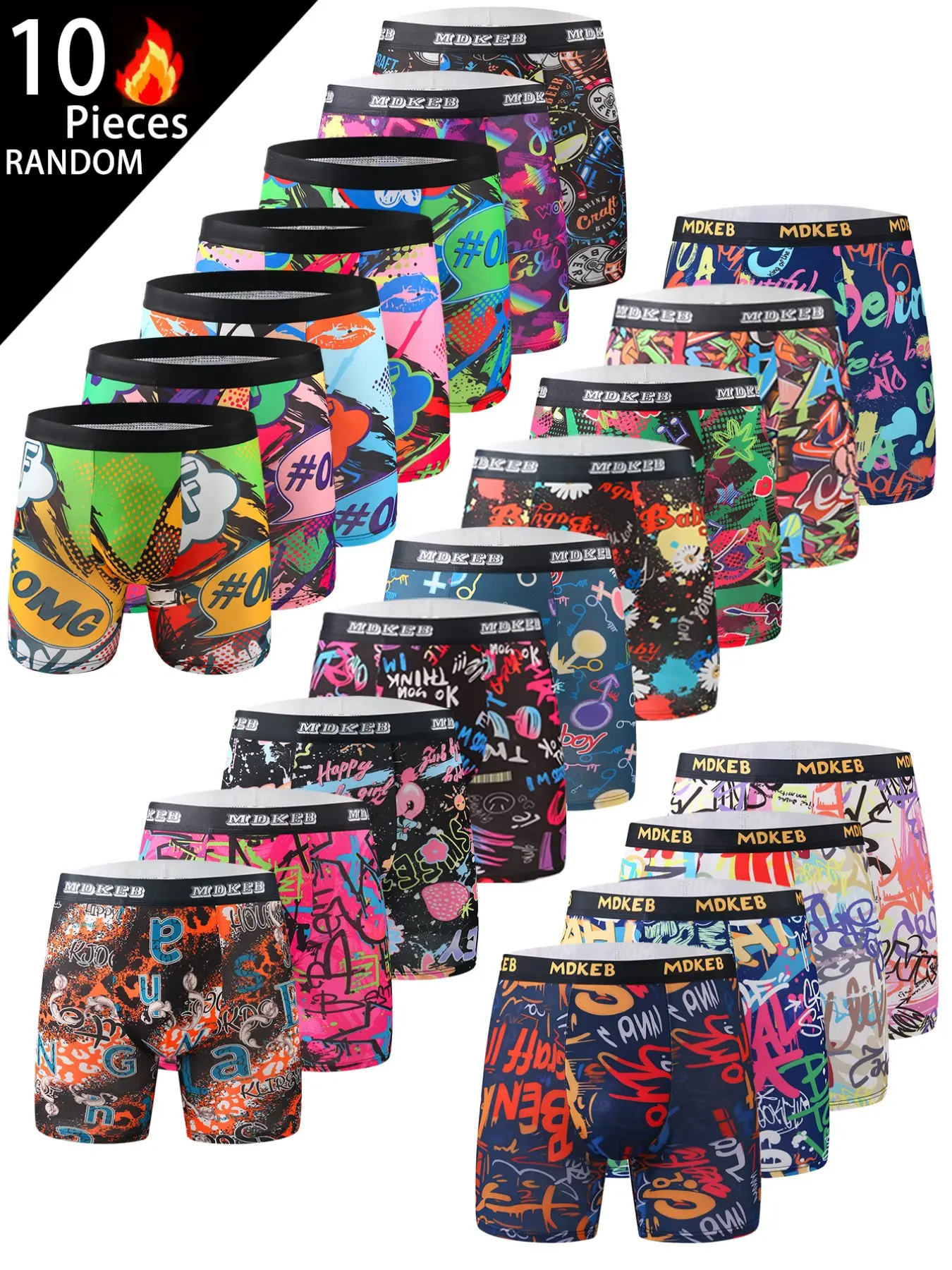 Men's Fashion Graffiti Letter Pattern Long Letter Print Briefs, Comfortable High Elasticity Long Boxer Shorts, Sporty Street Style High Stretch Underwear Set of 10 Pieces