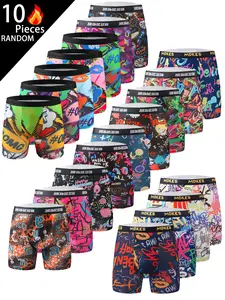 Men's Fashion Graffiti Letter Pattern Long Letter Print Briefs, Comfortable High Elasticity Long Boxer Shorts, Sporty Street Style Underwear Set of 10 Pieces