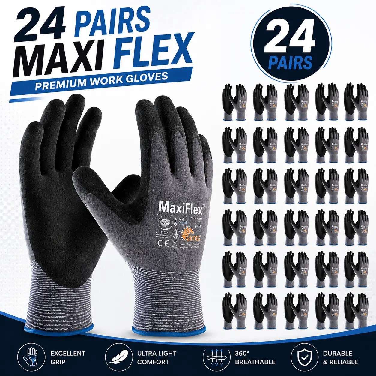 24 Pairs MaxiFlex Ultimate Work Gloves – Foam Nitrile Coated Grip, Breathable Lightweight Safety Gloves for Construction, Warehouse & DIY Work