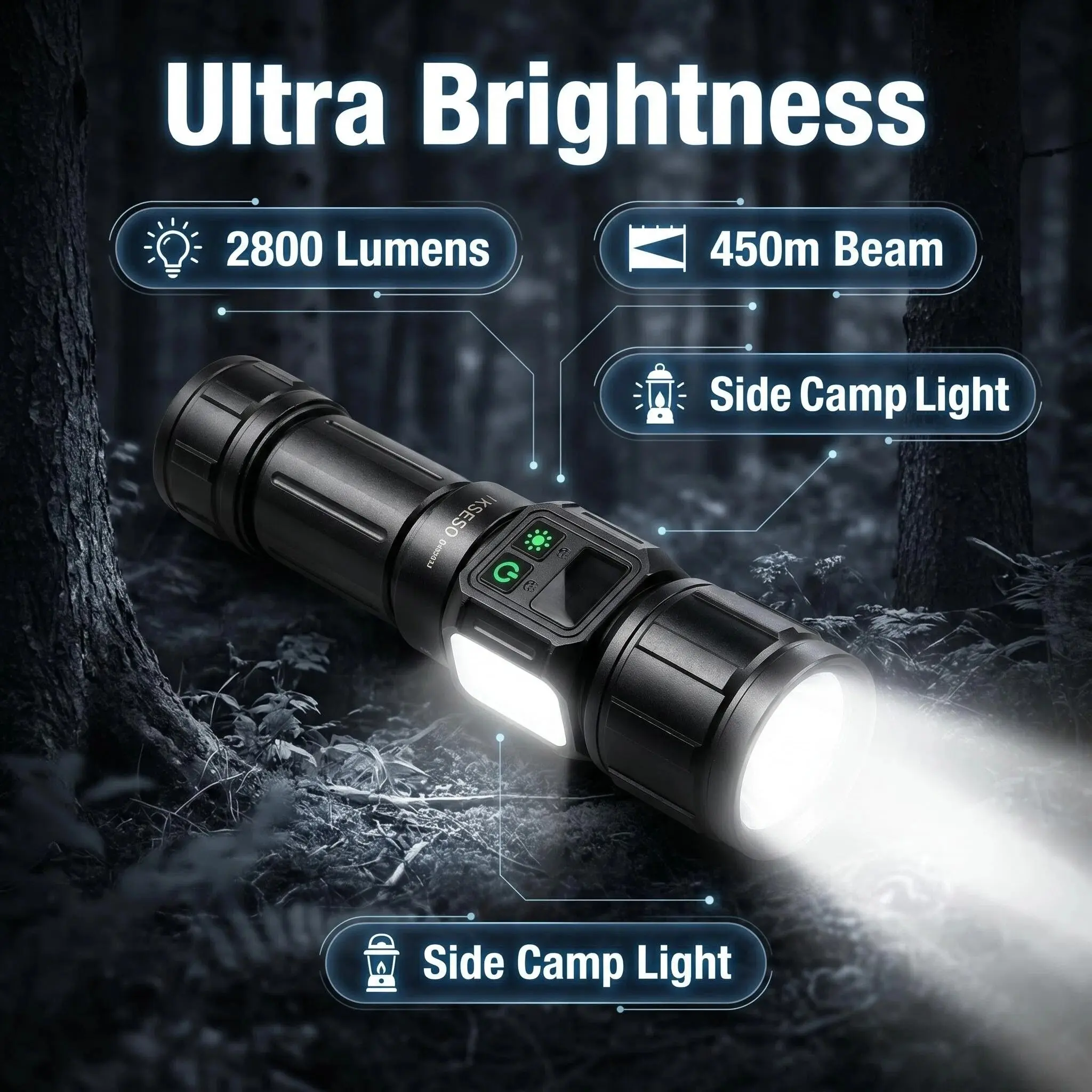 2-IN-1 ZOOM FLASHLIGHT! 450m BEAM & USB-C FAST CHARGE | 5 MAIN MODES + 4 COB SIDELIGHTS | POWER DISPLAY & PORTABLE BATTERY PACK | PERFECT FOR CAMPING & EMERGENCIES! Strong Flashlight, 2800 Lumens, Rechargeable Outdoor