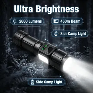 2-IN-1 ZOOM FLASHLIGHT! 450m BEAM & USB-C FAST CHARGE | 5 MAIN MODES + 4 COB SIDELIGHTS | POWER DISPLAY & PORTABLE BATTERY PACK | PERFECT FOR CAMPING & EMERGENCIES! Strong Flashlight, 2800 Lumens, Rechargeable Outdoor