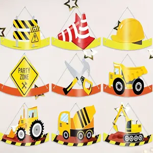 18pcs Construction Birthday Party Hats, Paper Party Crowns, Headbands, Photobooth Props, Party Favors for Boys Girls, Construction Theme Decorations