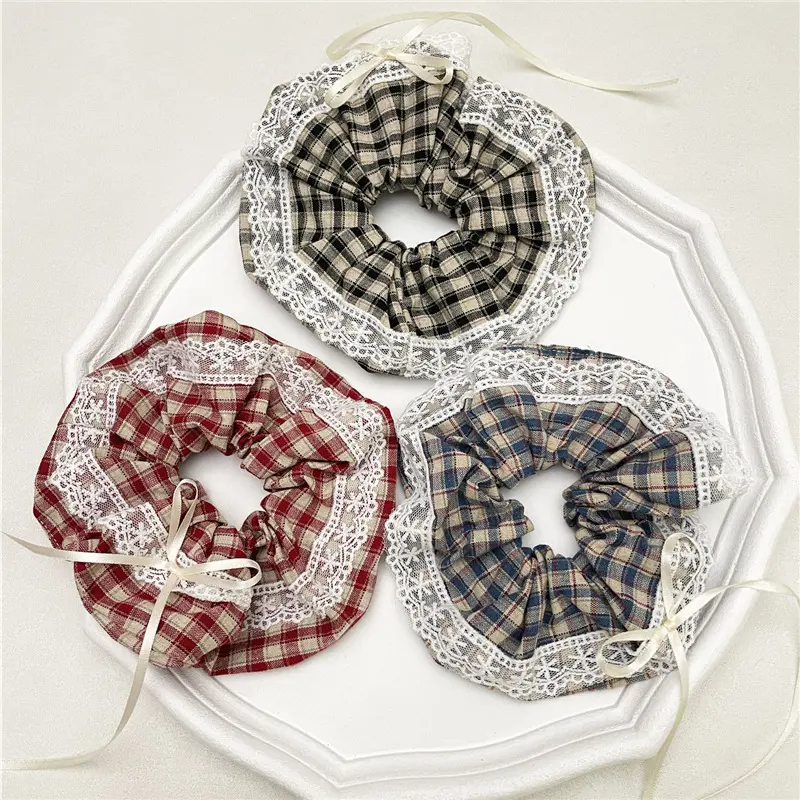 Square Scarf and Scrunchie Set for Girls, 2-Piece Sweet Cherry Print Red Plaid Fabric Hair Accessories