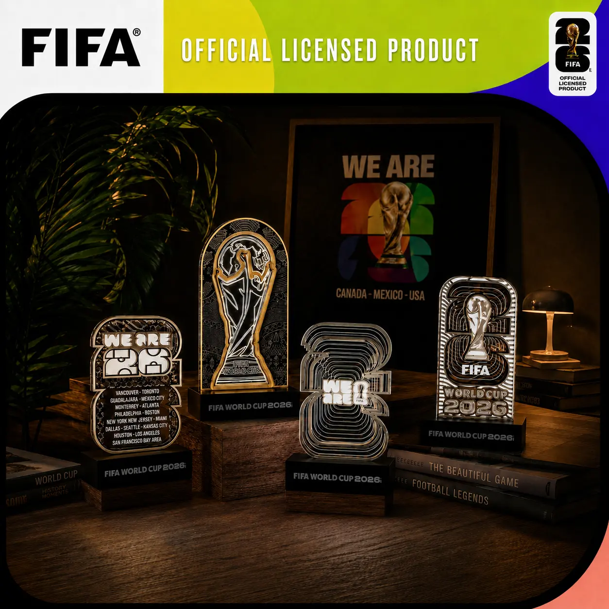 2026 FIFA World Cup Official Trophy LED Lamp – Acrylic Light-Up Display with Wooden Base, Plug-in Power, Collectible Memorabilia Gift for Soccer Fans, Kids, Teens & Adults for Bedroom Desk