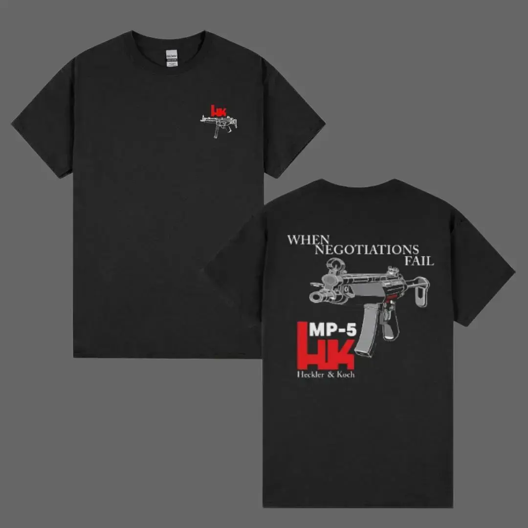 Men's Heckler & Koch "When Negotiations Fail" MP5 Tactical Submachine Gun Graphic Short-Sleeve T-Shirt, Tactical Menswear Top