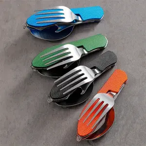 4count Camping Cutlery Set with a Folding Knife, a Portable Stainless Steel 4-In-Multifunctional Outdoor Survival Travel Dining Set, Featuring Detachable Utensils
