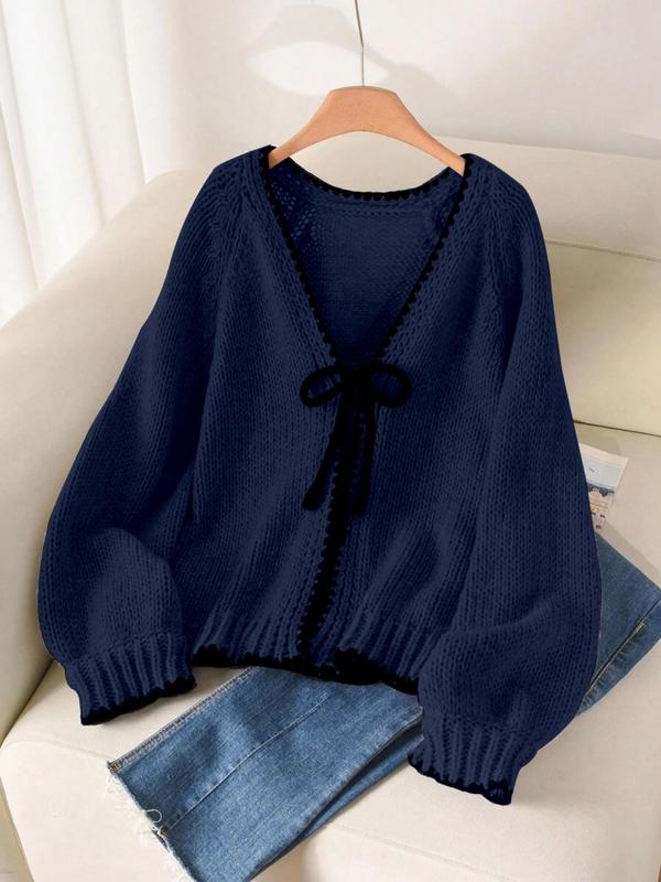 Women's Tie Front Open Front Colorblock V Neck Knit Cardigan Sweater, Casual Loose Fit Long Sleeve Cardigan for Fall & Winter, Women's Knitwear for Daily Wear, Women's Fall Outfit, Winter Sweater for Women, Grey