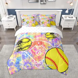 Softball Comforter Set 7 Pieces ,Eat Sleep Softball Bedding Set for All Season,for Boys Girls Ball Games Tie Dye Bed in a Bag with Comforter,Sheets,Pillowcases & Cushion Cover