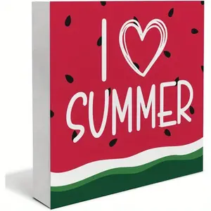 Watermelon Summer Decor, Holiday Watermelon Kitchen Decorations, I Love Summer Home Kitchen Wood Sign for Desk Table Shelf 5 x 5 Inches
