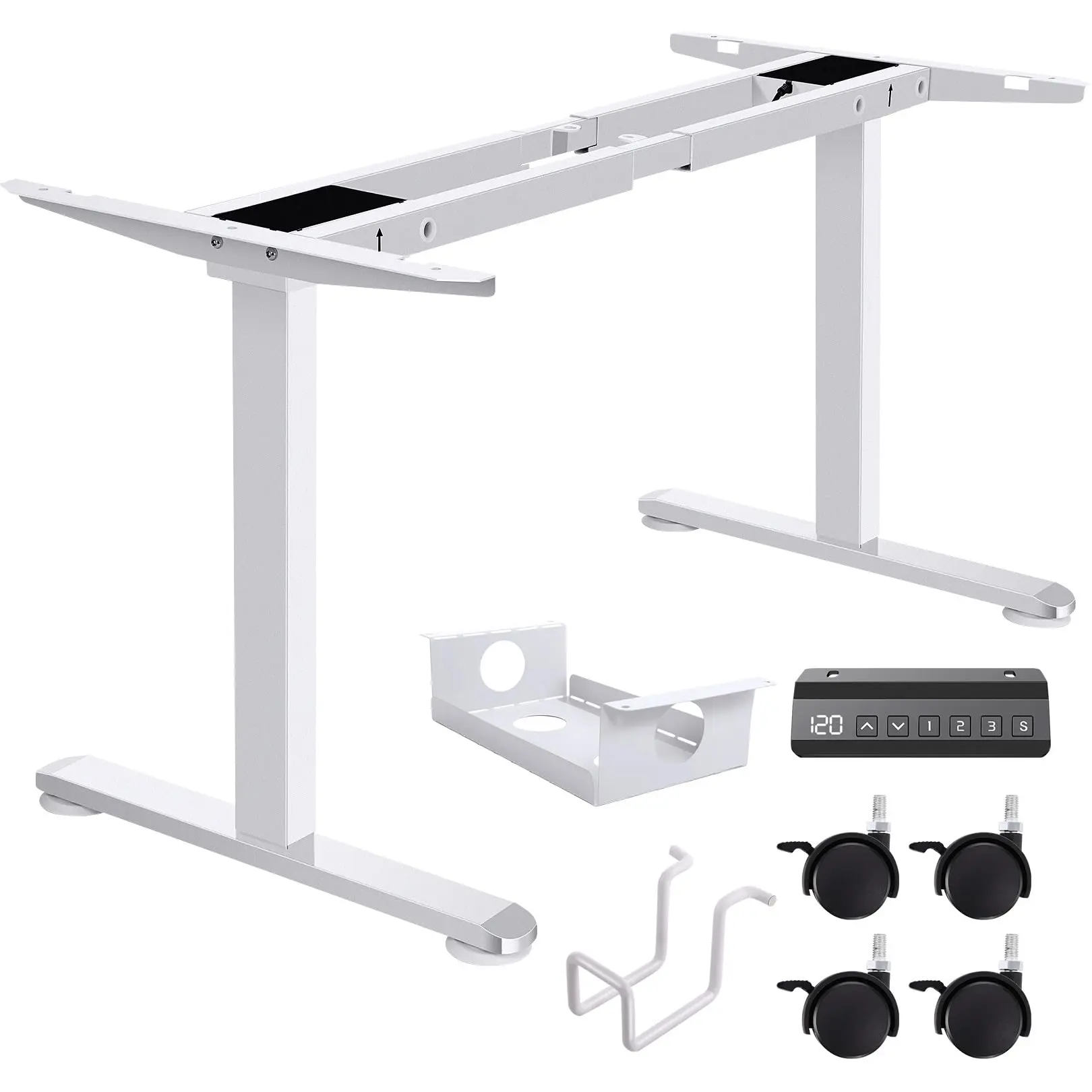 Electric Standing Desk Frame with Single Motor, Adjustable Stand Up Desk Legs, Dual-Beam Frame with Casters, Headphone Hook and Height Controller, Ergonomic Table Base for Desk Size from 48"x24" to  70" x 30", Frame Only