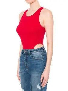 High Leg Ribbed Round Neck Sleeveless Bodysuit in Ribbed Cotton Rayon Knit with Elasticized High Cut Leg Opening & Dual Snap Button Closure