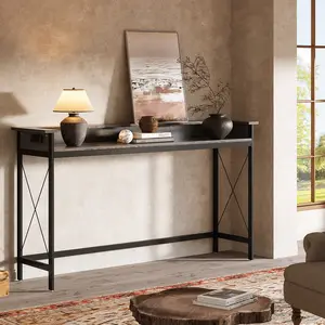 LITTLE TREE Sofa Table with Outlets and USB Ports, 70.9 inch Extra Long Console Table Behind Couch with Charging Station, Industrial Narrow Entryway Hallway Accent Table for Living Room small