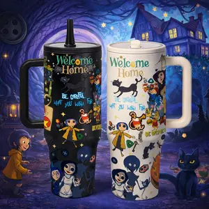 40oz insulated mug, Coraline dark fairy tale print, double wall vacuum stainless steel, straw lid with handle, leak proof, keeps hot 12h cold 24h, movie fan gift, daily use, Insulated Cup