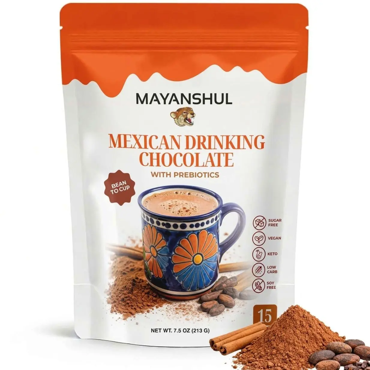 Mexican Drinking Chocolate – Authentic Mexican Hot Chocolate, Real Cacao, Cane Sugar Free, Blood Sugar Friendly Sweeteners, Keto & Low Carb, Dairy Free, Prebiotic Fiber – 15 Servings | Mayanshul