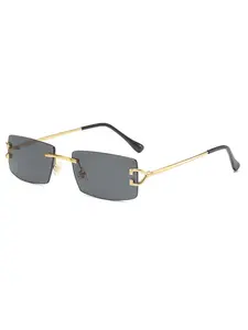 Simple Fashion Square Rimless Small Rectangle Sunglasses For Men & Women, Vintage Women Rimless Rectangle Cut Edge Sun Glasses, Metal Rimless Sunglasses, Vintage Trendy Sunglasses