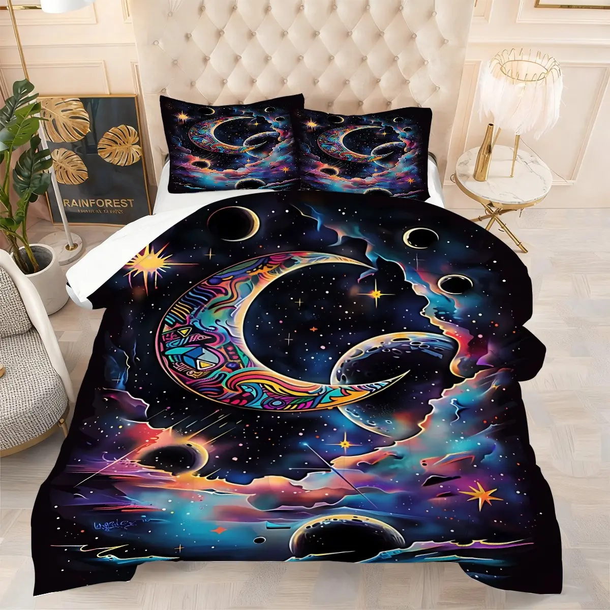 2/3pcs Fantasy Crescent Moon Starry Sky Universe Themed  Comforter Set,Science Fiction Fans Immersive Milky Way Dreamlike Psychedelic Bedding Set, Immersive Milky Way Psychedelic  Style Decoration,Perfect ,Including 1 or 2 Pillow Cases (No Pillow Insert).