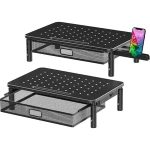 2 Pack  Stand Riser with Metal Drawer, 3 Height Adjustable  Riser with Phone Holder for Printer, Laptop,  Metal   Stand with Storage for 2 Monitors