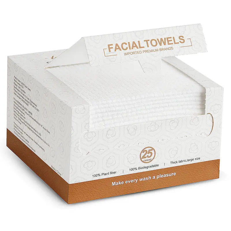 LUXU Disposable Face Towels - 25 Count Extra Large Thick 100% Plant Fiber Biodegradable Cosmetic Washcloths, Dermatologist Recommended Daily Makeup Remover for All Ages, Water-Absorbent Wet-Dry Home Bathroom Supplies