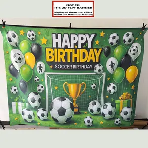 2D Flat，Football Theme Birthday Backdrop Banner - Soccer Goal + Golden Trophy + Football Decorations + Green, Black, and Yellow Balloons + Player Silhouettes. Made of, No Power Required. Suitable for Football