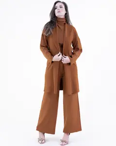 Sleeveless Turtleneck Knit Top Wide-Leg Pants & Open-Front Cardigan Set for Women Minimalist Basic Winter Clothes Soft Cozy Knit Fabric High-Neck Top Full-Length Pants Knee-Length Cardigan