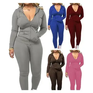 Style Women's Casual Sexy Long Sleeve Zipper Hooded Two-Piece Sports Set Clothing Womenswear Athletic