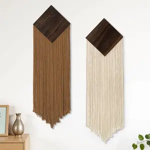 KHOYIME Macrame Wall Hanging Boho Chic Home Decor, 2PCS Bohemian Brown Beige Vertical Tassel Yarn Tapestry Modern Farmhouse Wall Art Decorations for Living Room Bedroom Nursery Office 11''W x 36''L