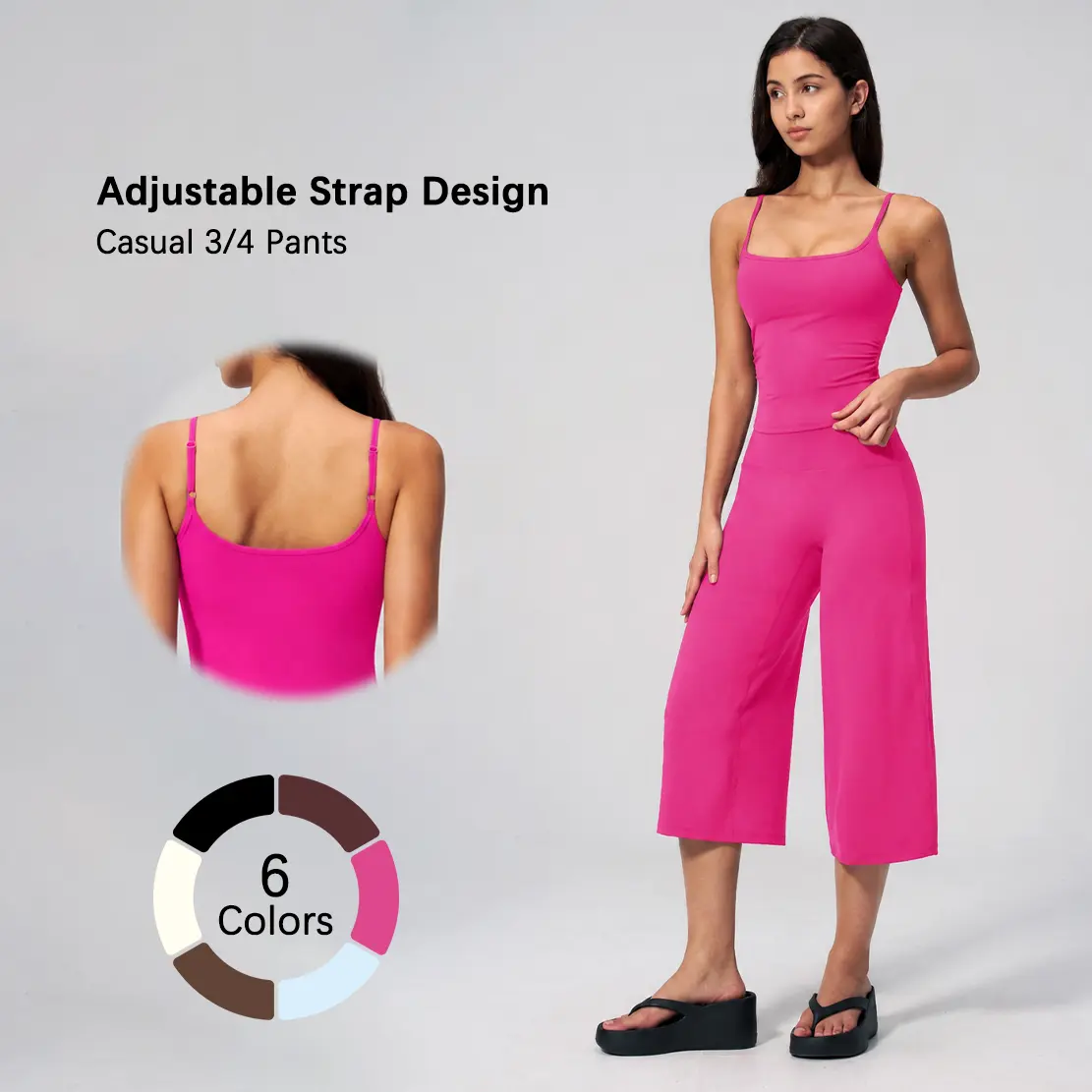 Women's 2-Piece Matching Sets, Adjustable Spaghetti Strap Padded Cami Crop Top & High Waist Wide Leg Cropped Pants, Stretchy Soft Tummy Control Casual Lounge Outfit For Yoga Pilates Gym Vacation, Matching Sets Women Athleisure Co-Ord Set