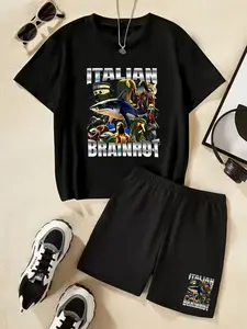 Italian Brainrot Funny And Wacky Shark Print Children's Short-Sleeved Set - Summer Casual, Comfortable, Fashionable Daily Outdoor Multi-Use T-Shirt And Shorts Set, Ideal Gift Choice
