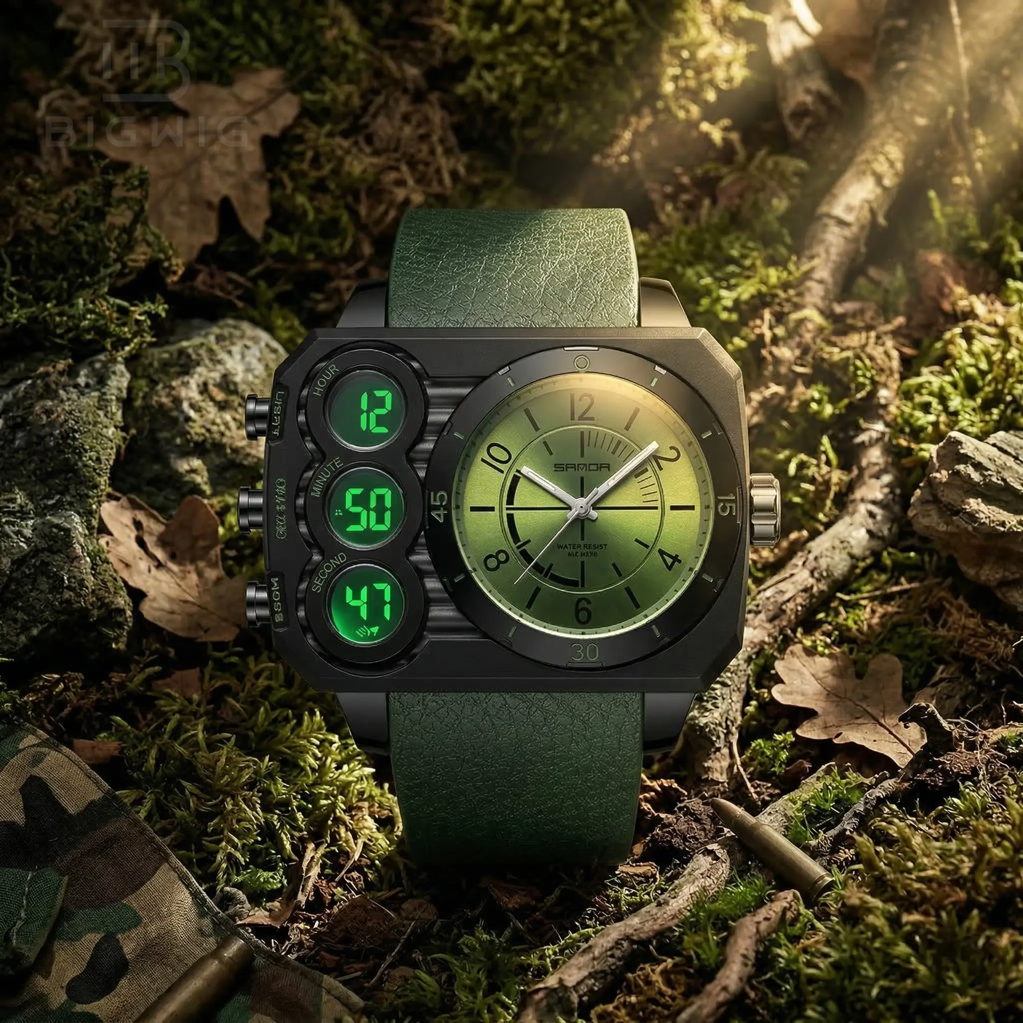 Men's Military Tactical Sports Watch, Big Face Dual Display Wristwatch, 5ATM Waterproof Chronograph with LED Alarm, Luminous Hands, and Premium Leather Strap for Outdoor