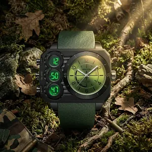 Men's Military Tactical Sports Watch, Big Face Dual Display Wristwatch, 5ATM Waterproof Chronograph with LED Alarm, Luminous Hands, and Premium Leather Strap for Outdoor