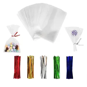 100 count Cellophane Bags 3x5 inches, Clear  Bags with 4'' Twist Ties, Plastic Cello Bags - 1.4 mils Thick OPP Rice Crispy Bags for  Goodie Favor Candy Cake Pop Birthday Party Cookies (3'' x 5'')