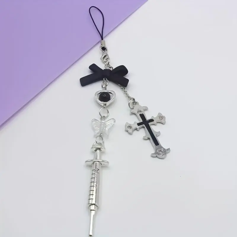 Y2K Retro Laser Engraved Butterfly Cross Chain Phone Charm - Vintage Metallic Beaded Smartphone Accessory, Durable Aesthetic Cellphone Strap for Card Album Decor, Mobile Gift for Birthdays