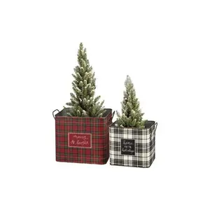 Primitives Bin Set - Home For The Holidays Square Metal Buckets with Plaid Design and Top Handles for Easy Carrying 9.25"x8.25"x7.75" & 6.25"x7.50"x6.5