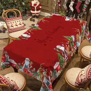 Rectangular Christmas Tablecloth, Poinsettia Santa Claus Table Cover, Holiday Party Decorations, New Year Eve Dinner Decoration