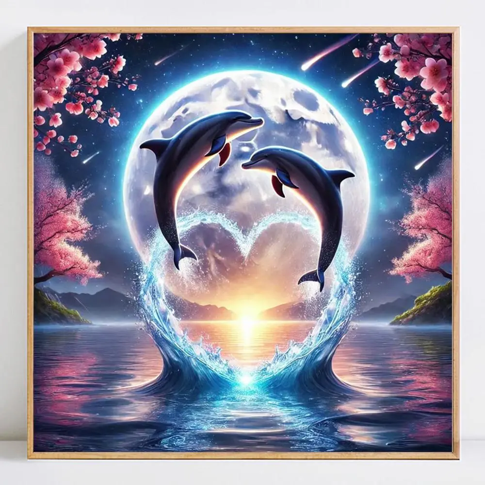 Dolphin Pattern 5D Diamond Arts Colorful Painting Kit without Frame, DIY Decorative Art Picture for Beginner, Wall Art Decor for Home Living Room Bedroom, Diamond Painting Kits