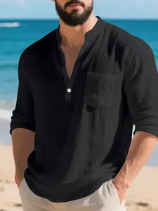 Men's American Style Linen Long Sleeve T-Shirt, Loose Fit V Neck Hawaiian Tee for Fall & Winter, Casual Daily Wear