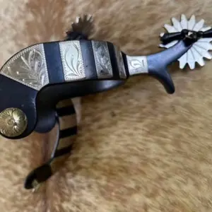 Pair Adult Size Black Steel Western Jingle Bob Spurs Engraved Silver Accents