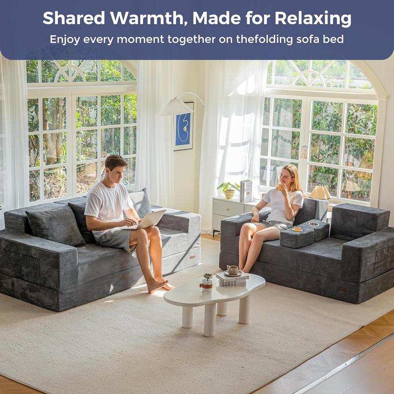 MAXYOYO Sofa Bed, 4 in 1 Foldable Floor Sofa Couch in A Box with 2 Cup Holders, Convertible 3 Seater Boneless Couch Folding Recliner Sleeper Chair for Living Room, No Assembly Required