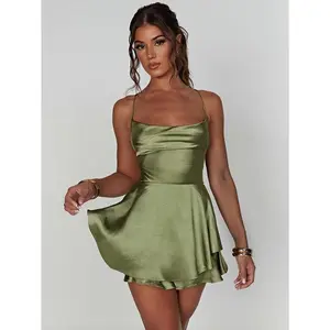 Elegant Backless Pleated Mini Dress with Adjustable Spaghetti Straps - High Stretch, Square Neckline, Ruffle Detail, Beige Satin Fabric, Women’s Fashion, Spaghetti Suspender Dress Formal Chic